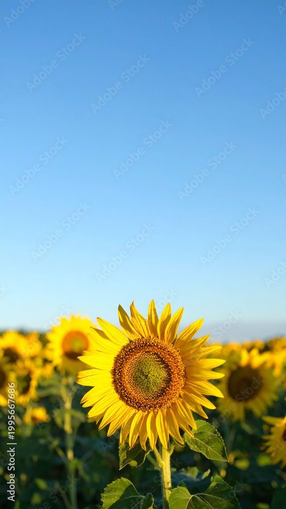 Fototapeta premium 青空を背景に咲く満開のひまわり畑 夏を象徴する鮮やかな黄色い花と広大な空の縦型写真 文字入れ用のコピースペースがある広告やSNS投稿に適した自然素材