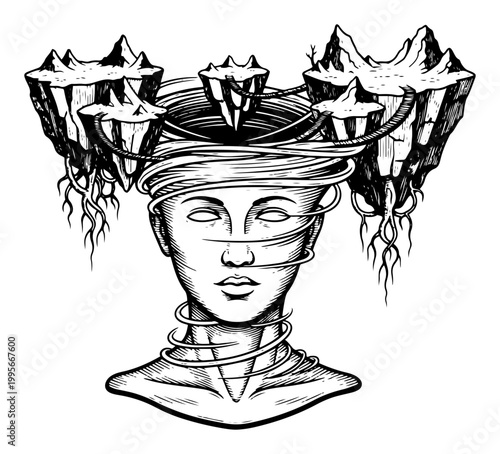 Human head with floating islands and mountain landscape in surreal woodcut style