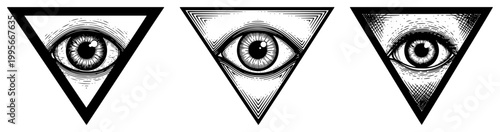 Human eye within an inverted triangle symbol in mystical engraving style