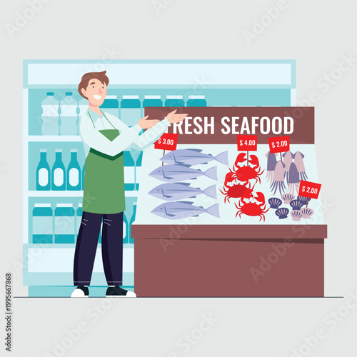 Smiling Seller at Fresh Seafood Market Stall with Fish and Crabs 