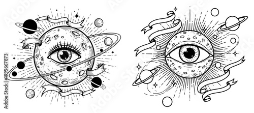 Celestial planet with central eye and decorative banners in vintage engraving style