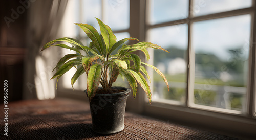 Potted houseplant on a wooden table by a sunlit window.