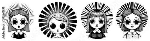 Portraits of girls with large eyes and radiant halos in detailed engraving style