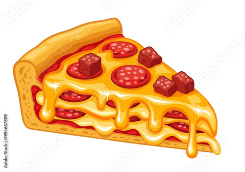 Delicious vector slice of pepperoni pizza with melted cheese, illustration