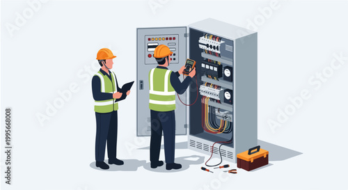 Electrical Technician Repairing Control Panel Isometric Illustration with Multimeter Volt Electric Testing