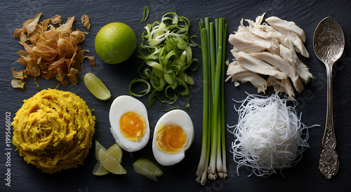 Overhead view of a variety of ingredients for a traditional Asian noodle dish, including noodles, chicken, eggs, and fresh herbs, arranged on a dark surface.