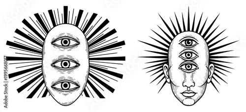 Faces with three eyes and radiant solar rays in mystical engraving style