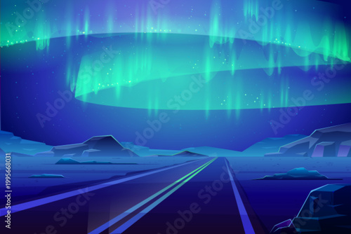 Aurora borealis illuminates arctic winter landscape with vibrant green neon hues. Stunning polar night over snowy mountains, straight road beneath starry galaxy sky. Nordic travel background design.