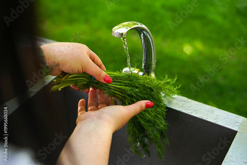 close-up shot of a woman's hands with red manicured nails washing a fresh bunch of green dill under a chrome faucet in an outdoor stainless steel sink.