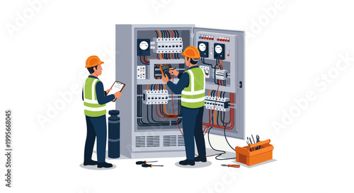 Electrical Technician Repairing Control Panel Isometric Illustration with Multimeter Volt Meter Testing
