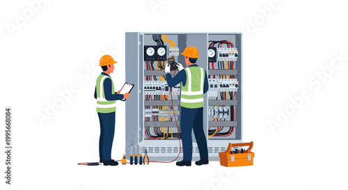 Electrical Technician Repairing Control Panel Isometric Illustration with Multimeter Watt Volt Testing