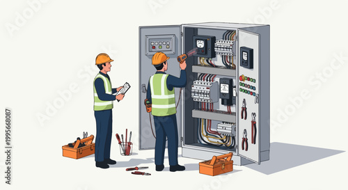 Electrical Technician Repairing Control Panel Isometric Illustration with Termo Gun Thermal Scan Testing