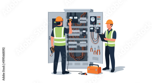 Electrical Technician Repairing Control Panel Isometric Illustration with Termo Gun Thermal Scan Tester