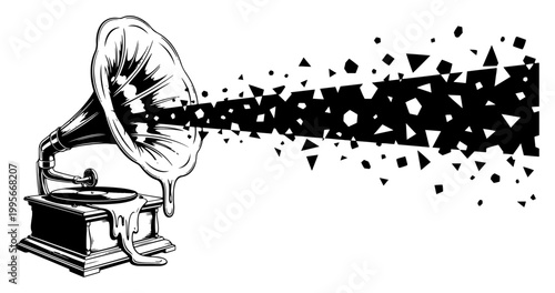 Melting vintage gramophone emitting a stream of geometric triangle fragments in surreal woodcut style