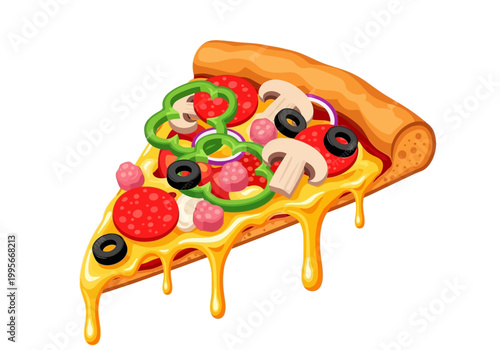 Delicious Pizza Slice Vector with Dripping Cheese and Toppings - Perfect for Food Illustrations