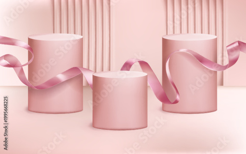 Three cylindrical podiums with elegant pink ribbon on soft studio background. Premium 3d award stage display with light effect and confetti for product presentation. Realistic pastel platform.