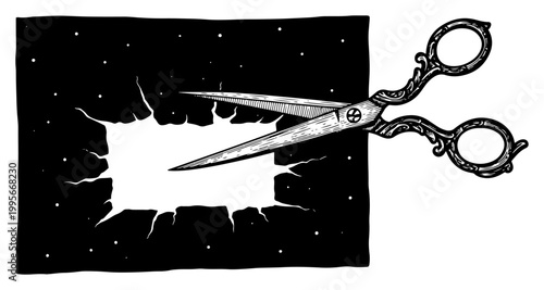 Vintage scissors cutting a rectangular hole through the starry cosmos in surreal engraving style