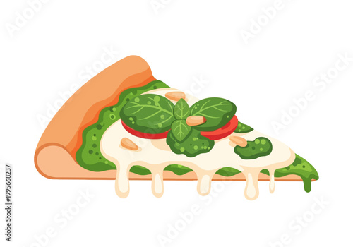 Delicious Vector Pizza Slice Illustration with Melted Cheese and Fresh Basil