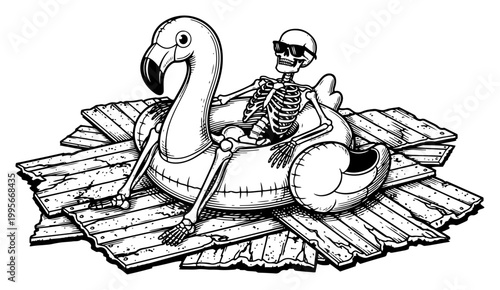 Skeleton in flamingo pool float sitting on wooden raft in detailed woodcut style