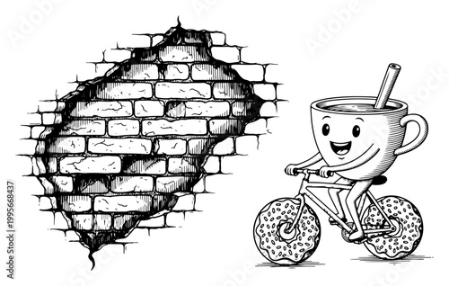 Coffee cup character riding bicycle with donut wheels through broken brick wall in detailed engraving style