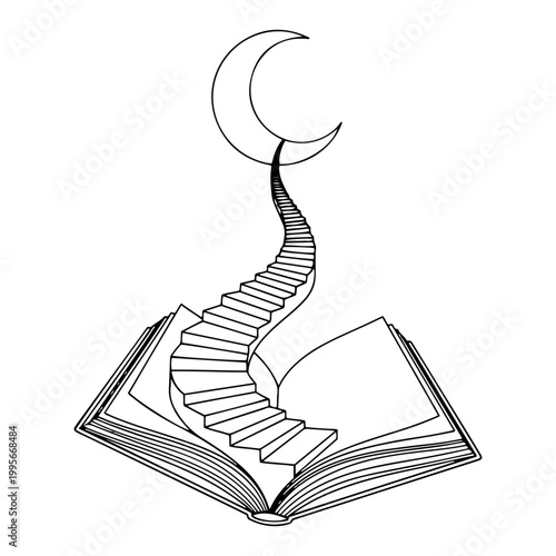 Staircase emerging from open book leading to crescent moon in minimalist woodcut style