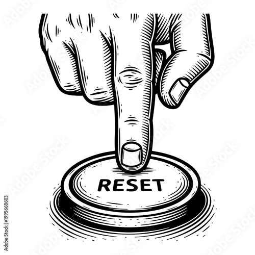 Human finger pressing round button with reset text in detailed engraving style