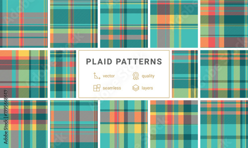 Vibrant teal and coral red plaid pattern featuring a modern tartan design. This seamless geometric background is ideal for textile prints, digital wallpaper, and stylish branding projects.