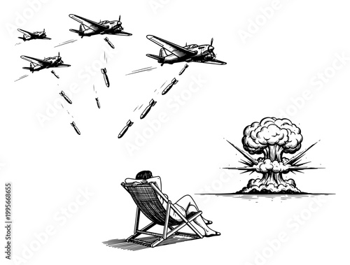 Person in deck chair watching bombers and nuclear explosion in satirical woodcut style