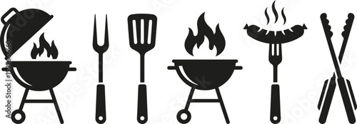 Black barbecue grill icons with utensils isolated on white background, Vector