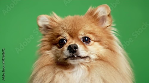 Close-Up of a Playful Adult Pomeranian Dog Face Against a Bright Green Background