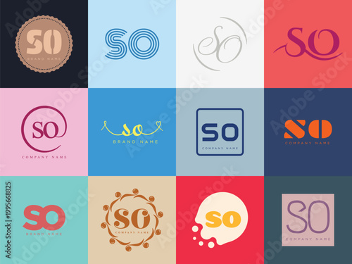 SO logo company template. Letter s and o logotype. Set different classic serif lettering and modern bold text with design elements. Initial font typography.