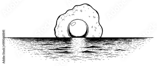 Fried egg rising over ocean horizon like sun in surreal woodcut style
