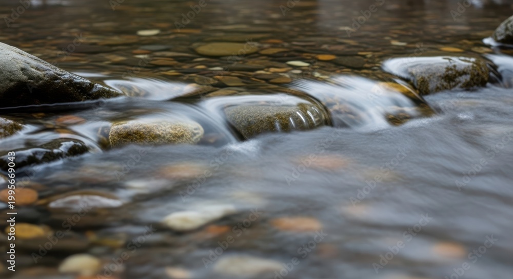 Obraz premium Gentle water flowing over smooth, wet pebbles in a shallow stream creating a soothing natural scene