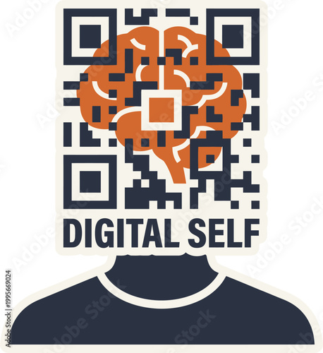 Digital Identity and AI Concept Vector | QR Code Brain Illustration for Tech and Data Security