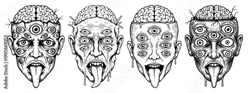 Surreal heads with multiple eyes and exposed brains in detailed horror engraving style