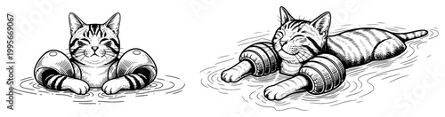 Striped cat wearing inflatable armbands floating in water in detailed engraving style