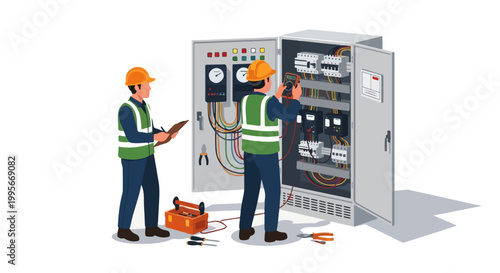 Electrical Technician Repairing Control Panel Isometric Illustration with Multimeter Volt Testing