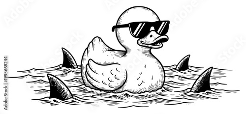 Cool rubber duck wearing sunglasses floating among shark fins in detailed engraving style