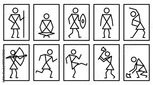 Tribal stick figure pictogram icons depicting ancient warrior activities.