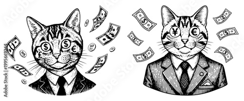 Wealthy cat businessmen in suits with currency symbols in eyes in detailed woodcut style
