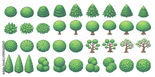 Collection of various green trees and bushes for game design and landscape illustration