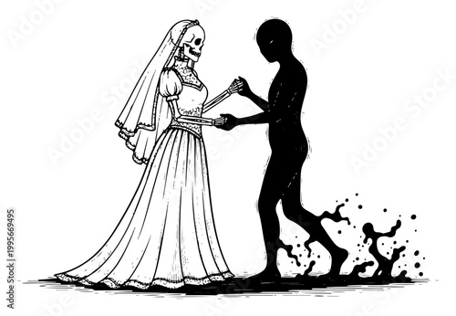 Skeleton bride in wedding dress dancing with dark silhouette in surreal engraving style