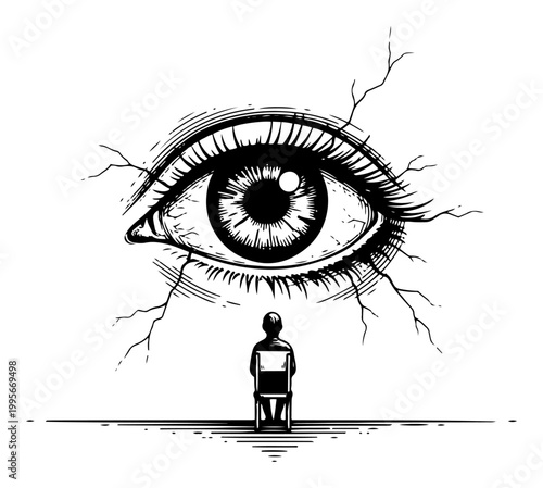 Person sitting on chair facing giant cracked human eye in surreal engraving style