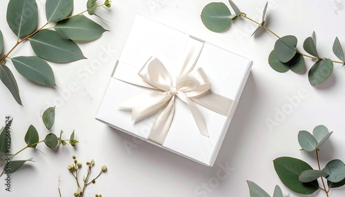 Elegant white gift box with silk ribbon among green eucalyptus leaves.