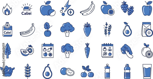 Collection of blue illustrated icons food objects and daily essentials