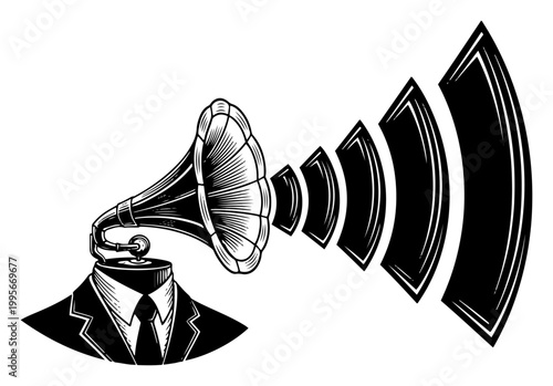 Surreal man in suit with gramophone head emitting sound waves in vintage engraving style