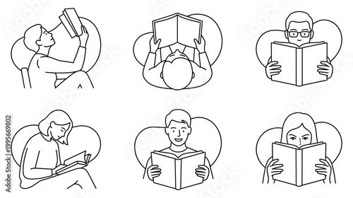Line art collection of people reading books in various comfortable poses.