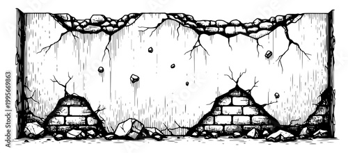 Cracked and crumbling brick wall showing structural decay in detailed woodcut style