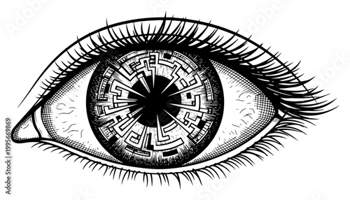 Human eye with intricate labyrinth maze iris in surreal engraving style