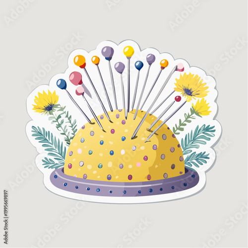 Sewing Pincushion with Pins and Flowers